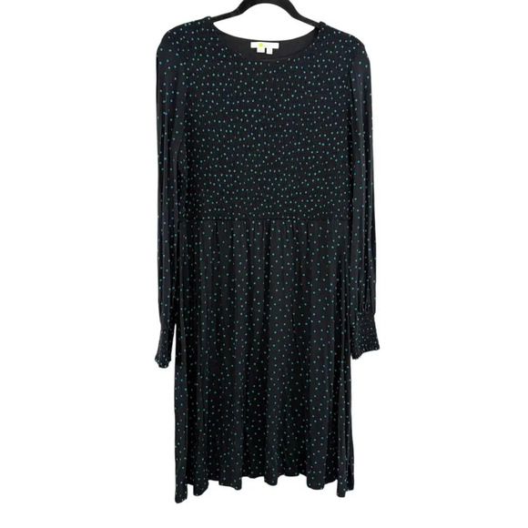 Boden Navy & Teal Polka Dot Smocked Long Sleeve Jersey Knit Dress Women's US 14L - Picture 1 of 11